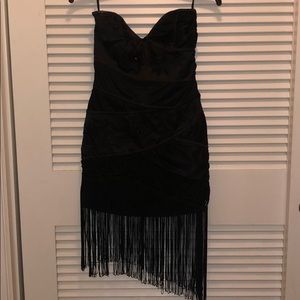 Rare Bebe Strapless Black Beaded Fringe Dress